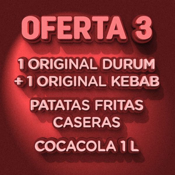 1 Original Durum a elegir + 1 Original Kebab + patatas fritas caseras + coca cola 1 L